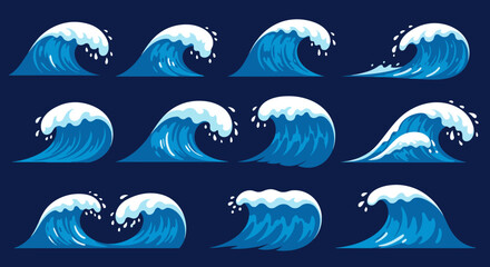 Obraz premium Dynamic collection of stylized blue ocean waves with white crests crashing and splashing, perfect for aquatic themes and coastal designs