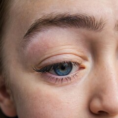 Fototapeta premium Intimate detail of a human eye, emphasizing the unique blue color, delicate lashes, and subtle textures of the skin. Symptoms of swelling, redness, allergies, demodex, rosacea, facial puffiness. AI