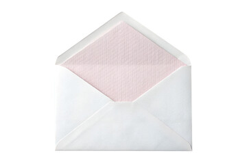 Open White Envelope with Pink Textured Lining Isolated on Black Background Announcement, Letter, Mail Concept