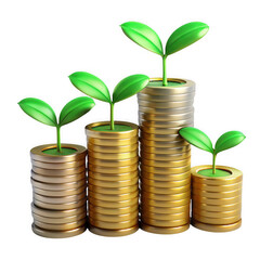 Financial growth represented by coins and growing plants isolated on transparent background