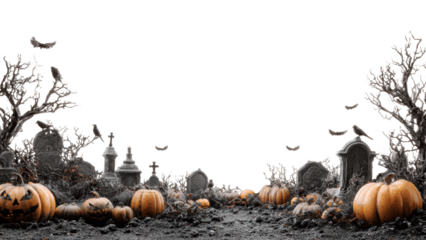 Halloween overlay with cemetery and pumpkins isolated on transparent background. Concept of Happy Halloween.