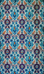 Ornate blue Turkish Iznik tiles with floral Islamic patterns in Istanbul, Turkey