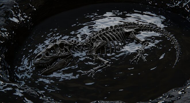 allosaurus skeleton fossil dinosaur submerged in dark liquid resembling tar pit in a murky environment setting
