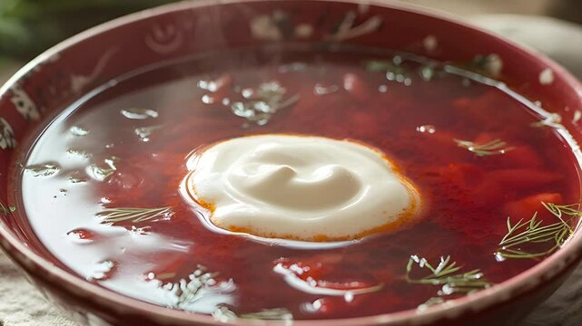 A bowl of warm, delicious borsch with sour cream on top.