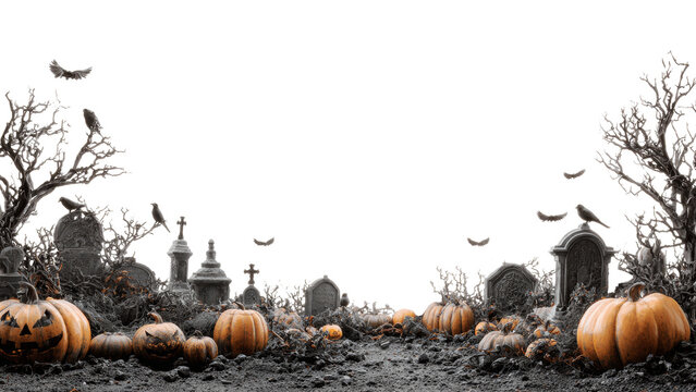 Halloween overlay with cemetery and pumpkins isolated on transparent background. Concept of Happy Halloween.