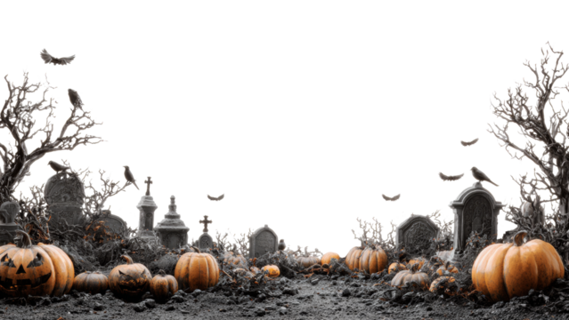 Halloween overlay with cemetery and pumpkins isolated on transparent background. Concept of Happy Halloween.