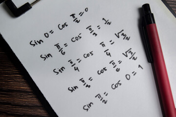 Concept of similar trigonometric functions write on book isolated on Wooden Table.