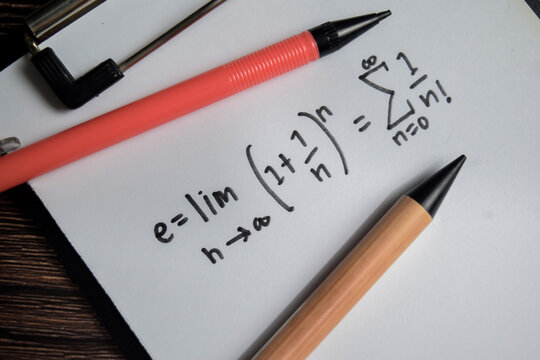 Concept of definition of the Euler's number write on book isolated on Wooden Table.
