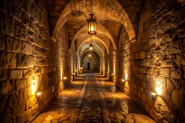 Fototapeta premium An ancient stone corridor with arched ceilings and hanging lanterns illuminates a mysterious path