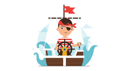 Brave Pirate Steering His Ship Across The Ocean Cartoon Illustration