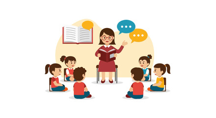Captivating illustration of a teacher reading to attentive children in a classroom setting