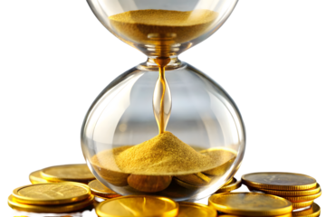 Gold coin inside hourglass showing time is money concept PNG