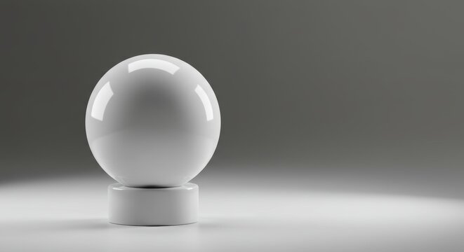 Glossy white sphere resting elegantly on a cylindrical stand, with soft lighting