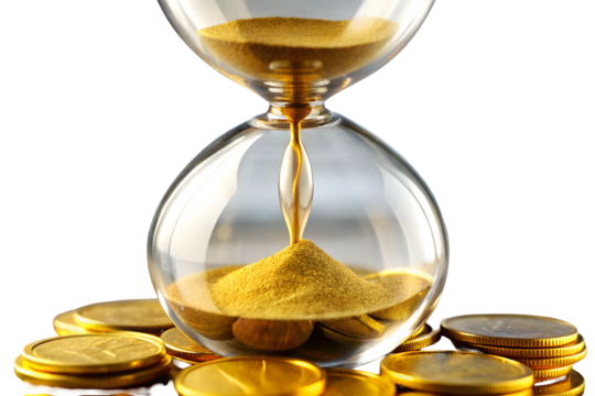 Gold coin inside hourglass showing time is money concept PNG
