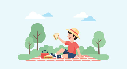 Cartoon Boy Enjoying A Sandwich Picnic Outdoors In Summertime