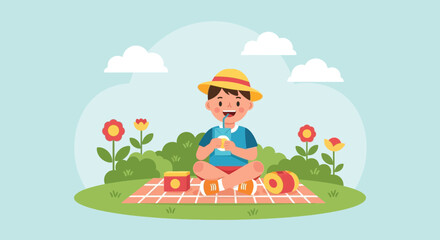 Fototapeta premium Cartoon boy enjoying a picnic in the park, featuring a sunny day and vibrant nature backdrop