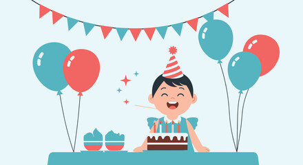 Cartoon Boy Enjoying Birthday Celebration With Balloons and Cupcakes Vector