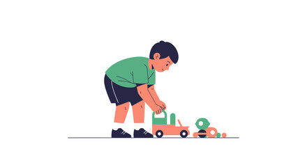 An illustration of a young boy playing with his toy car and wooden caterpillar toy happily at home