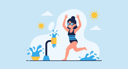 Obraz premium Cartoon girl enjoying summer water fun at the park fountain under the sun happy
