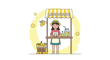 Obraz premium Cartoon Girl Selling Lemonade at Her Lemonade Stand on Summer Day