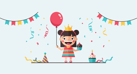 Obraz premium Cartoon girl with balloon and cupcakes celebrating birthday party with decorations