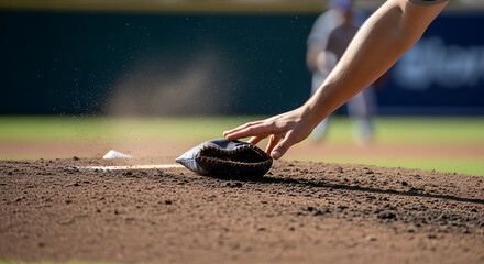 Close up of baseball pitcher's hand reaching for glove on mound during game action with dust flying