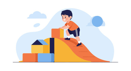 Obraz premium Cartoon Illustration of a Cheerful Boy Climbing Play Equipment in a Playground
