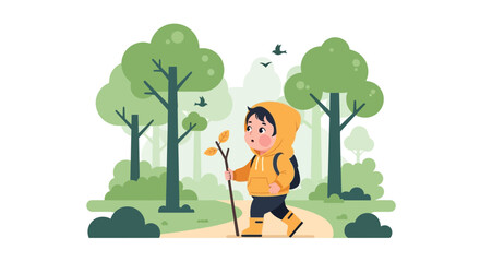 Cartoon illustration of a child hiking in a forest with trees and birds background