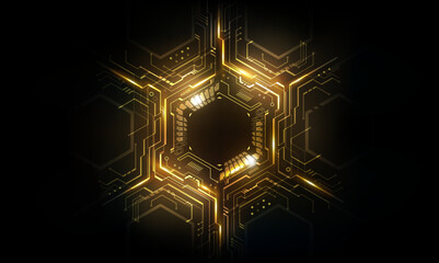 Gold hexagon abstract futuristic electronic circuit technology background concept, vector illustration