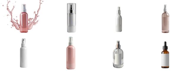 Glossy spray bottle mockup, set of eight cosmetic bottles with pumps and droppers, white and pink tones, minimalistic style, splash and clean background, sense of freshness, beauty and skin care conce