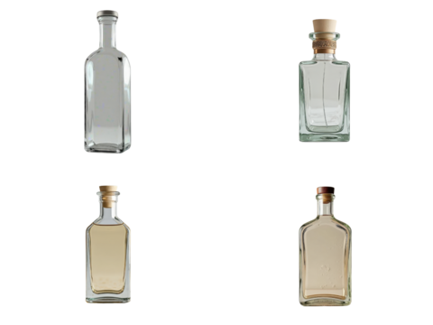 Square glass bottle mockup set, four different glass bottles with various shapes and caps isolated on white background, minimalistic and clean composition, concept of product packaging and branding