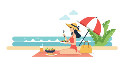 Attractive Woman Enjoying Healthy Meal On The Beach During Summer Vacation