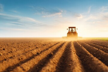 Tractor Working on Farm Field at Sunset