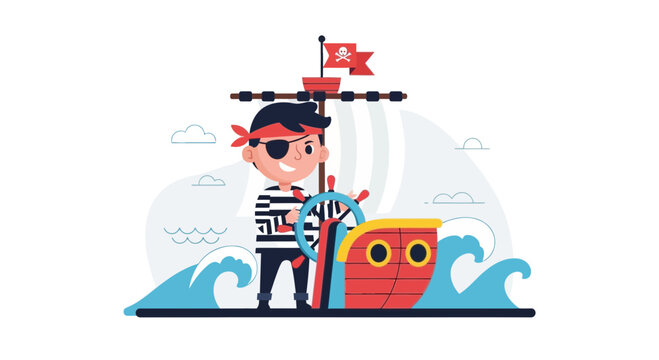 Cartoon pirate sailing on a ship with skull flag in the sea during a voyage