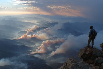 Fototapeta premium Presidential silhouette overlooks devastated terrain, reflects on policies. Crisis management. State's firefighting helicopter purchase part of new legislative plan. Emergency response.