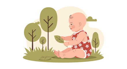 Baby Exploring Nature Sitting on Grass Playing with Leaf in Garden