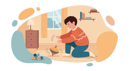 Obraz premium Boy Playing With Spinning Top In Room Scene Childhood Fun Concept