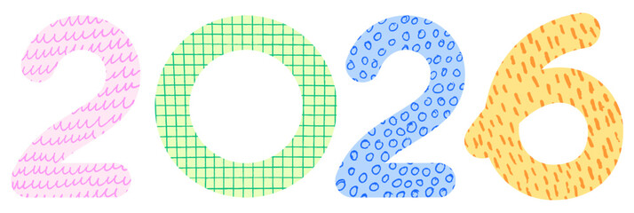 Pastel-colored 2026 digits decorated with hand-drawn textures on a clean white background.