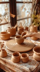 Potter's Hand Shaping Clay Bowl on Wheel in Studio with Natural Light