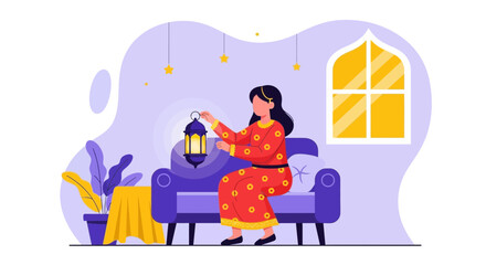 Naklejka premium Celebrating The Spirit Of Ramadan At Home With Calm Decoration And A Lantern