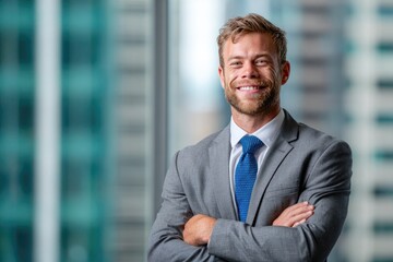 Fototapeta premium Businessman in suit smiling confidently in office