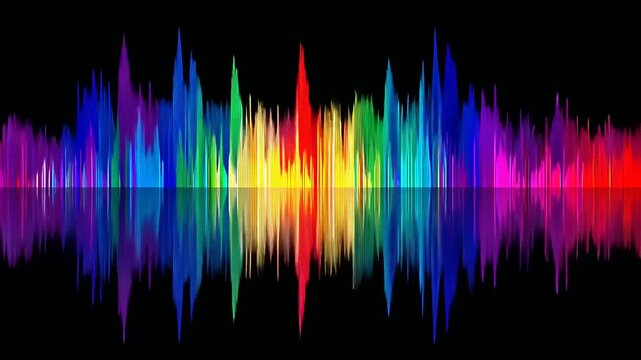 Rainbow Soundwave Reflection: A vibrant digital artwork featuring a colorful soundwave reflected in a mirror-like surface, creating a mesmerizing symmetrical pattern.