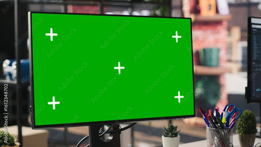 Poster green screen mockup computer in office next to displays showing data analytics dashboards. chroma ke