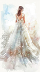 Fototapeta premium Bride in Elegant Wedding Dress with Floral Patterns and Flowing Veil Watercolor Art. Concept of Wedding Fashion, Bridal Elegance, Romantic Weddings, and Artistic Designs. Vertical