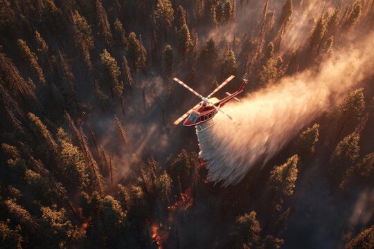 Helicopter battles forest fire with precision water release. Helicopter operations. Enhancing firefighting efficiency with versatile helicopter buckets. Aerial firefighting.