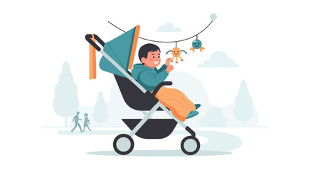 Cheerful baby in a stroller enjoying a park outing with toys and passersby on a sunny day