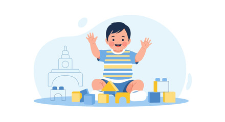 Cheerful baby playing with colorful building blocks on a light blue background illustration
