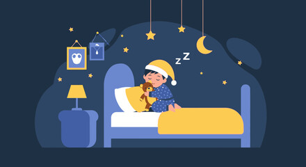 Naklejka premium Boy Comfortably Sleeping With His Teddy Bear Under Starry Night