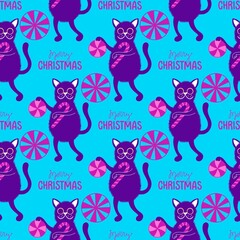 Cartoon funny cats seamless Christmas pattern for wrapping paper and kids clothes print and festive packaging