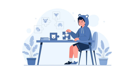 Boy wearing bear hoodie sitting at desk solving animal puzzle illustration